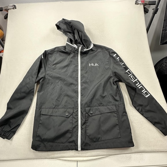 Huk Fishing Jacket Mens Large Black Breaker Hooded Full Zip Windbreaker - Picture 1 of 16